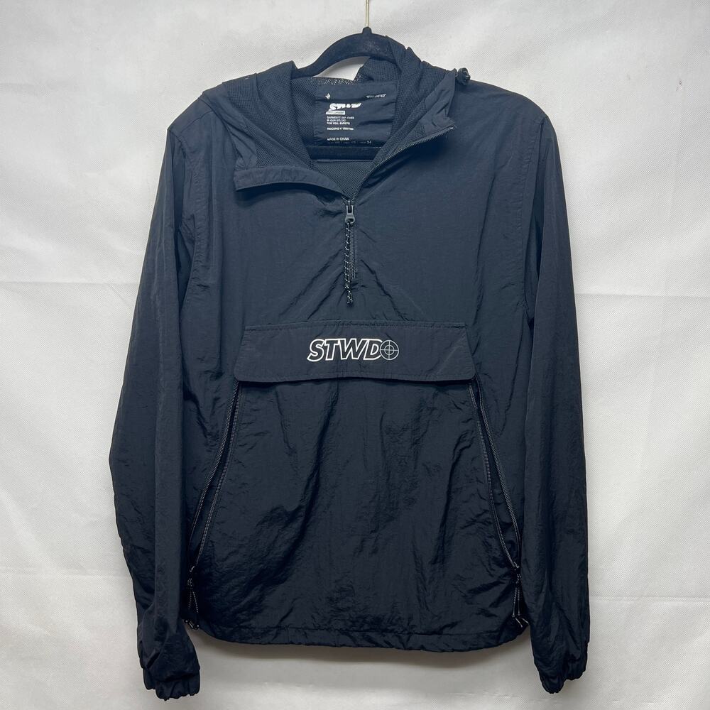 Pull&Bear Men's Black Windbraker Size XS Hooded 1/4 Zip Long Sleeves